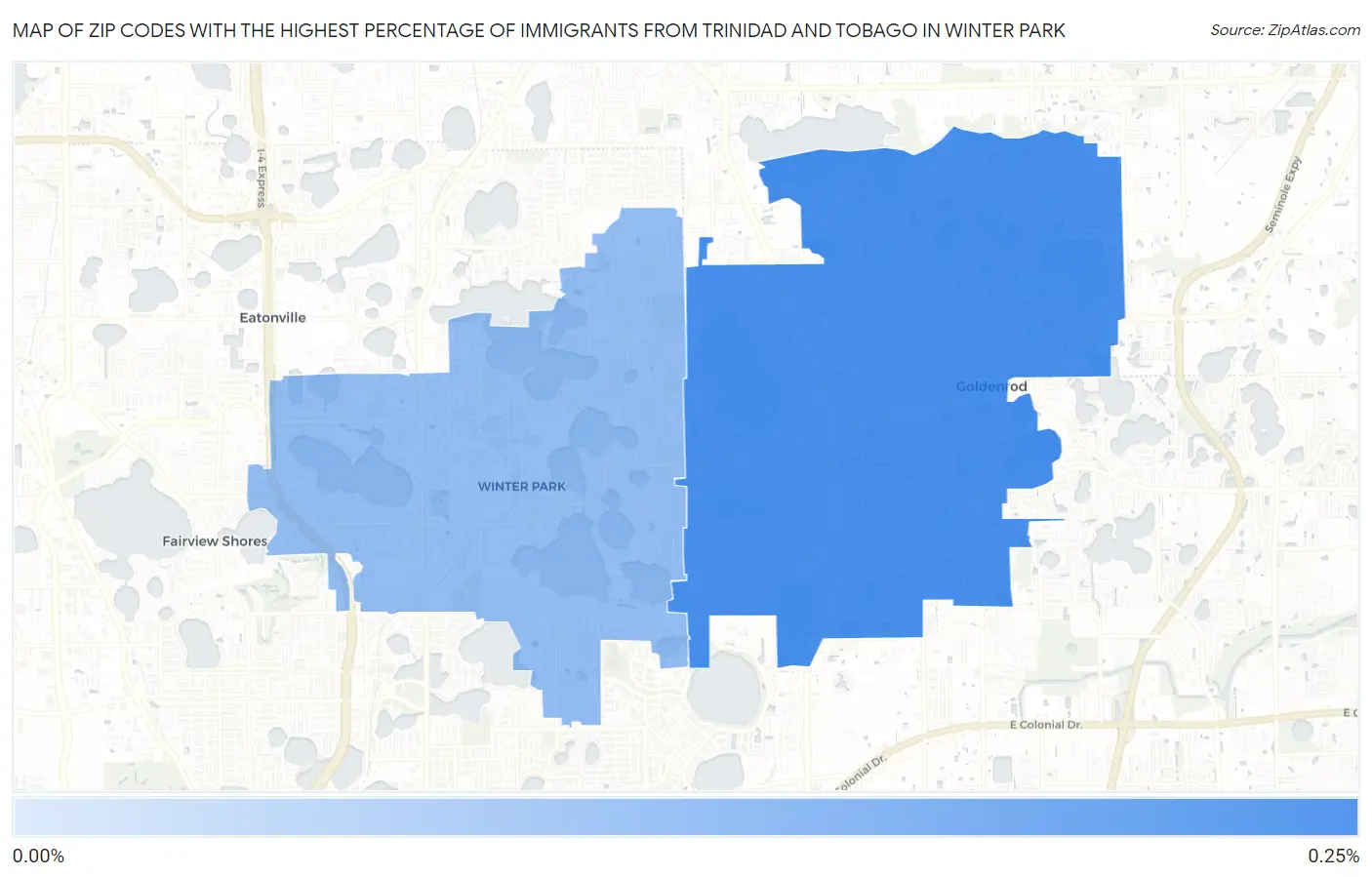 Zip Codes with the Highest Percentage of Immigrants from Trinidad and Tobago in Winter Park Map