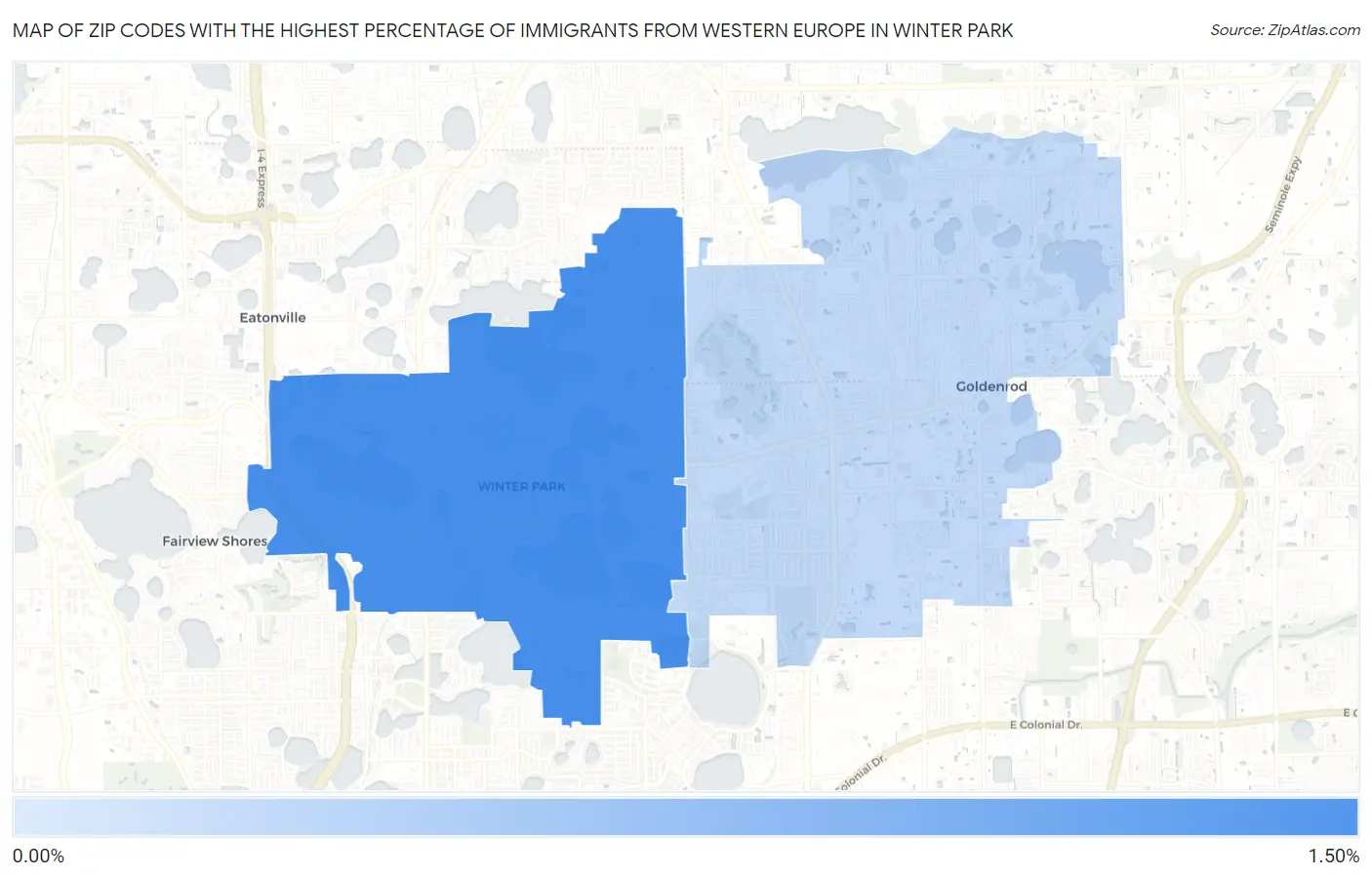 Zip Codes with the Highest Percentage of Immigrants from Western Europe in Winter Park Map
