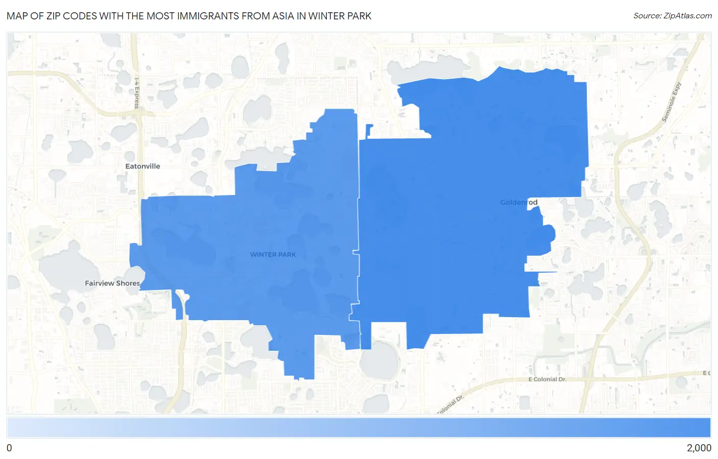 Zip Codes with the Most Immigrants from Asia in Winter Park Map