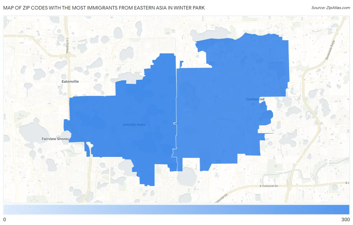 Zip Codes with the Most Immigrants from Eastern Asia in Winter Park Map