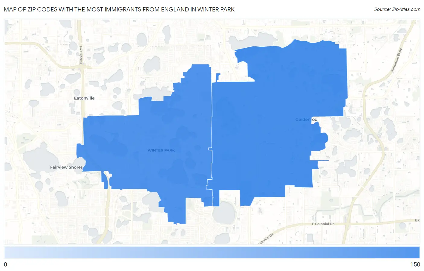 Zip Codes with the Most Immigrants from England in Winter Park Map