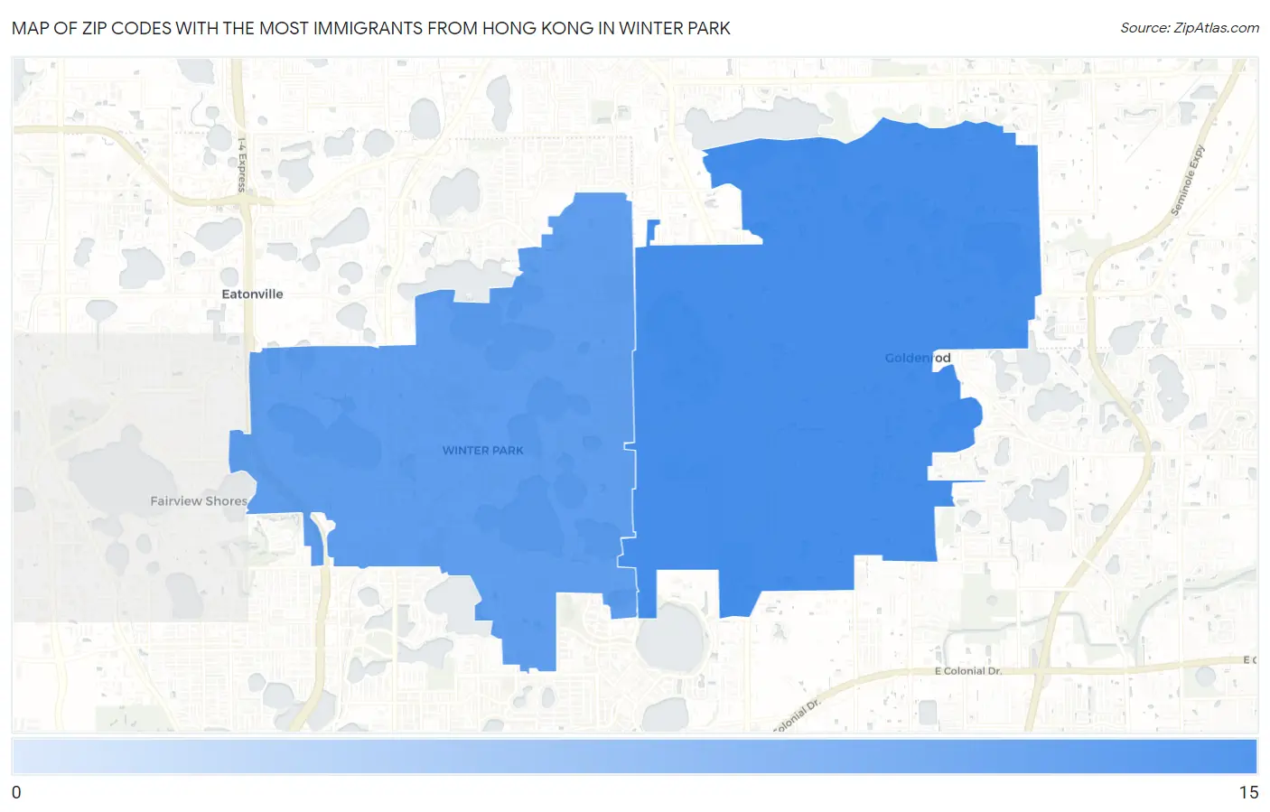 Zip Codes with the Most Immigrants from Hong Kong in Winter Park Map