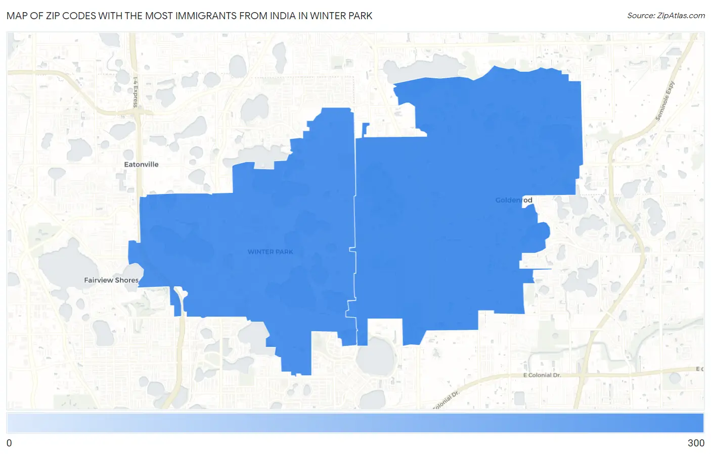 Zip Codes with the Most Immigrants from India in Winter Park Map