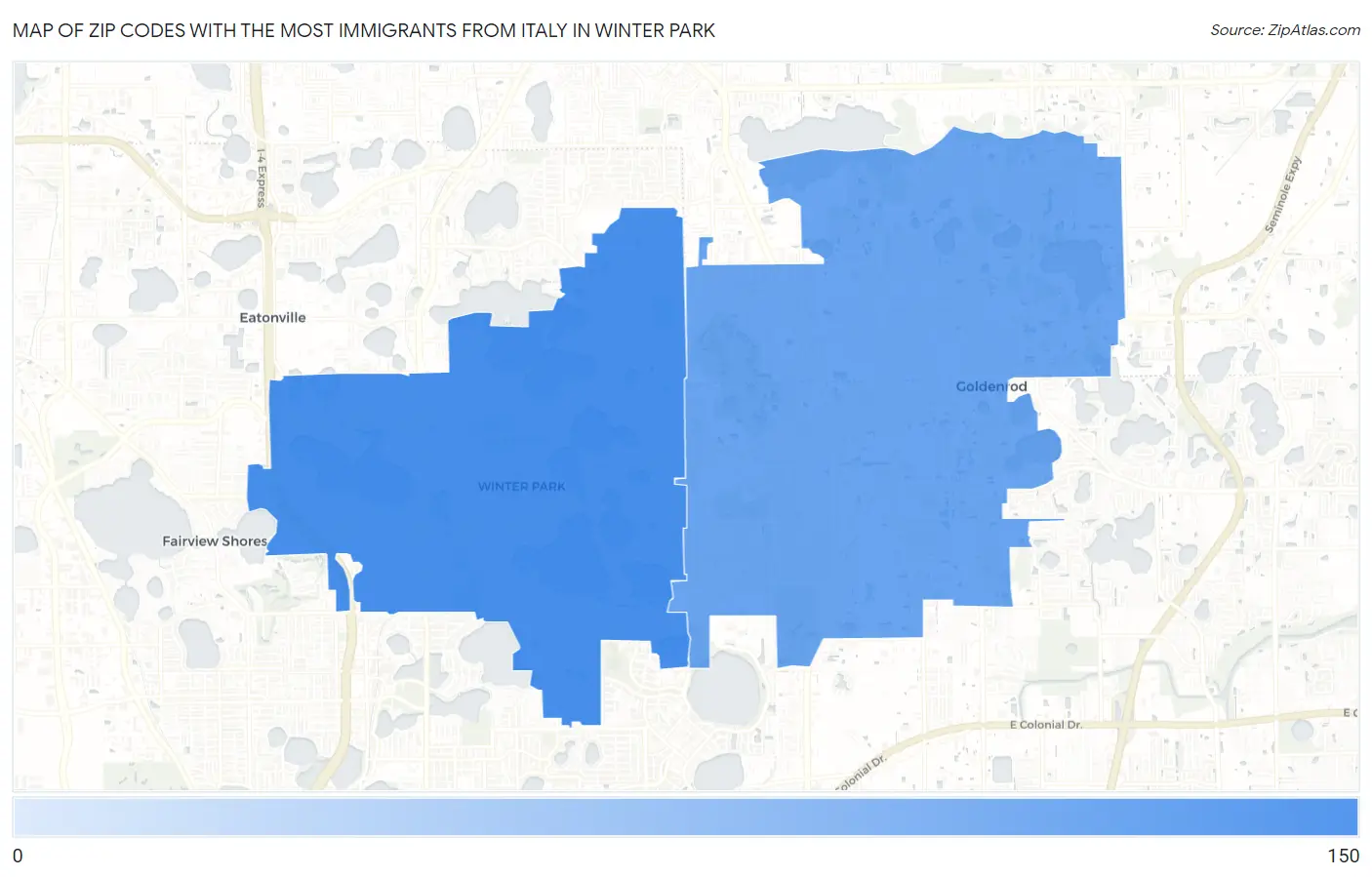 Zip Codes with the Most Immigrants from Italy in Winter Park Map