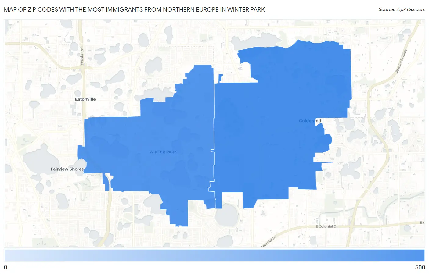 Zip Codes with the Most Immigrants from Northern Europe in Winter Park Map