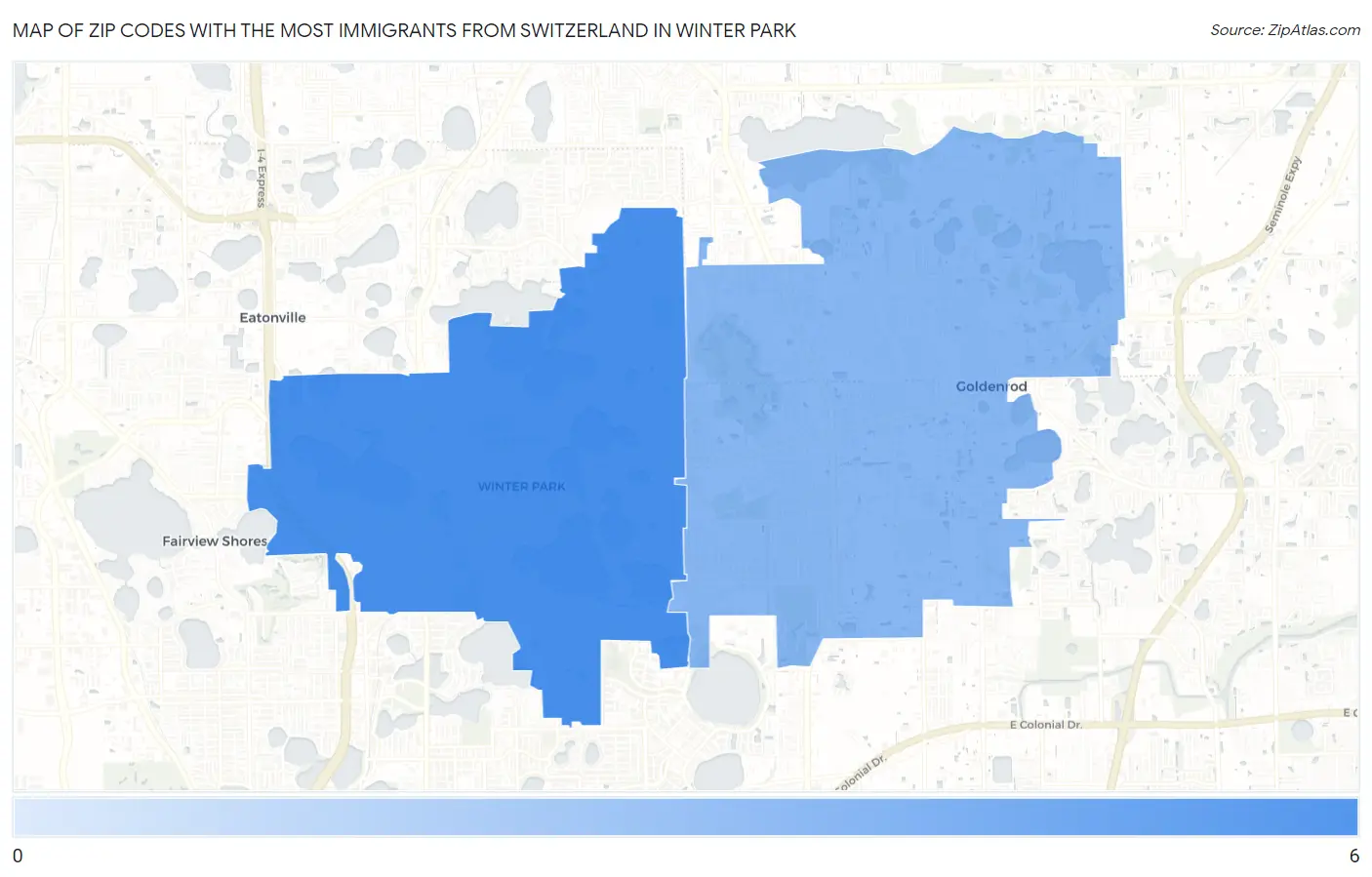 Zip Codes with the Most Immigrants from Switzerland in Winter Park Map