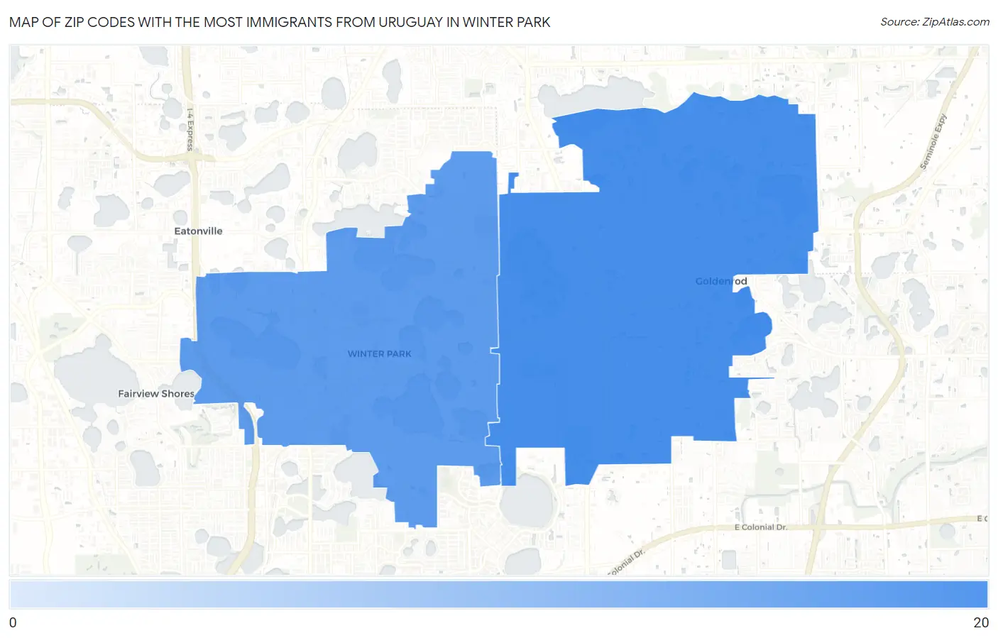 Zip Codes with the Most Immigrants from Uruguay in Winter Park Map