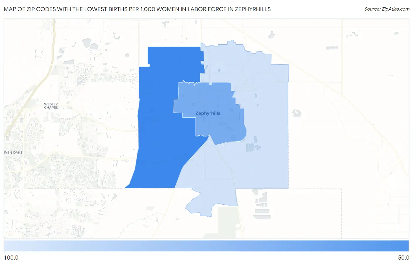 Zip Codes with the Lowest Births per 1,000 Women in Labor Force in Zephyrhills Map