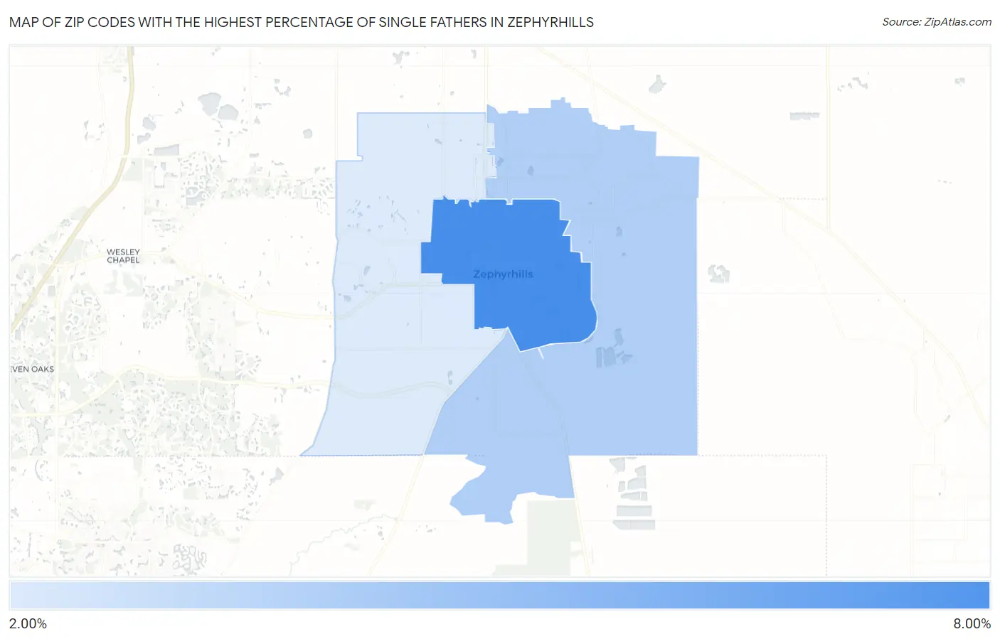 Zip Codes with the Highest Percentage of Single Fathers in Zephyrhills Map