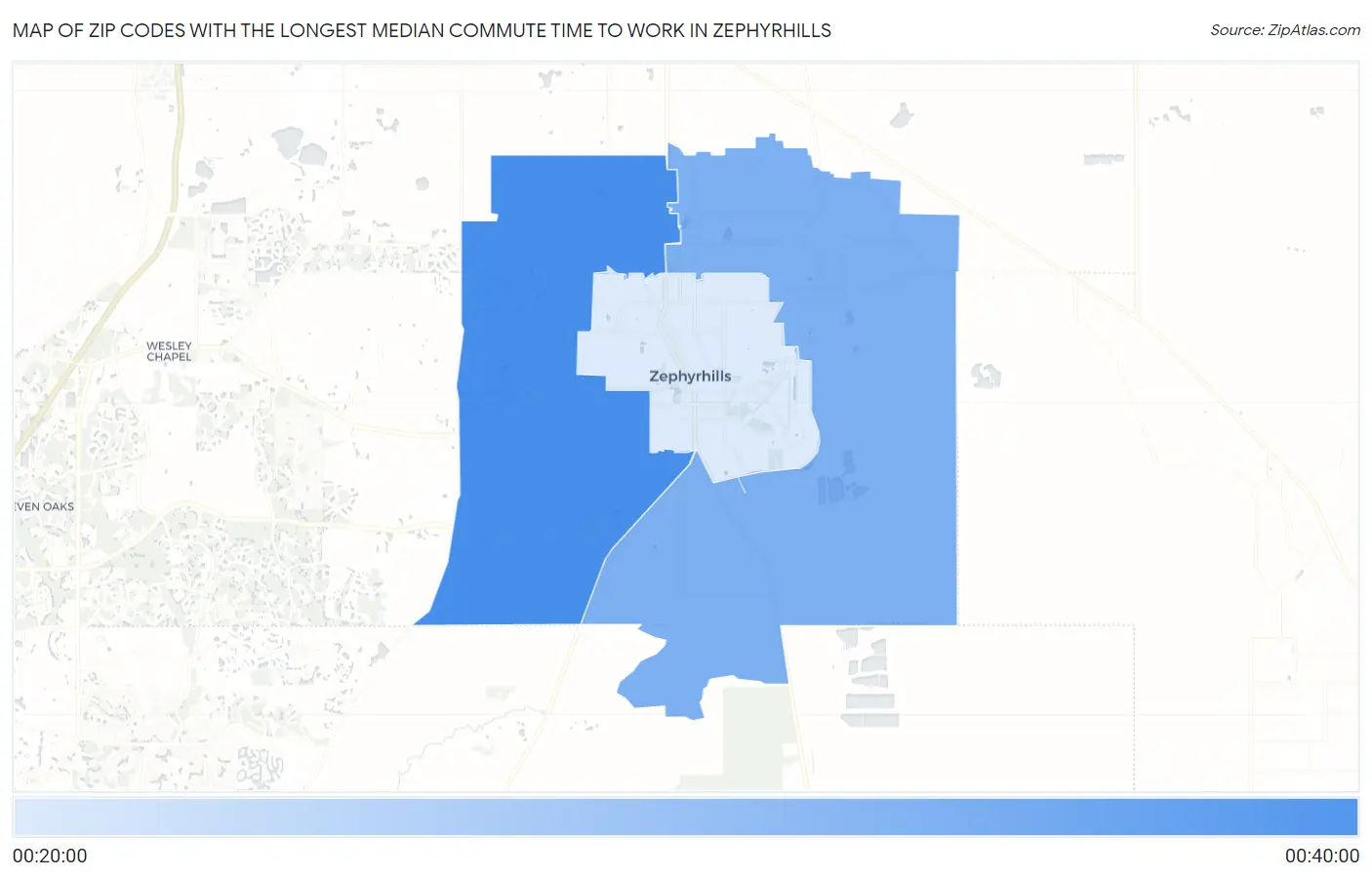 Zip Codes with the Longest Median Commute Time to Work in Zephyrhills Map