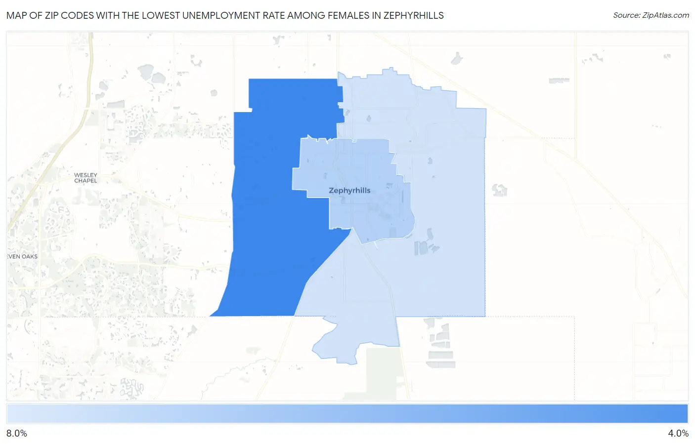 Zip Codes with the Lowest Unemployment Rate Among Females in Zephyrhills Map