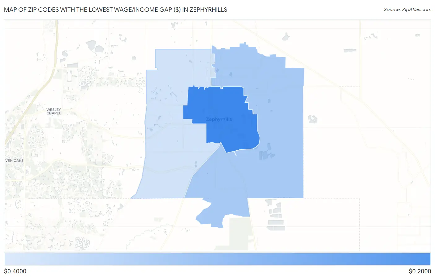 Zip Codes with the Lowest Wage/Income Gap ($) in Zephyrhills Map