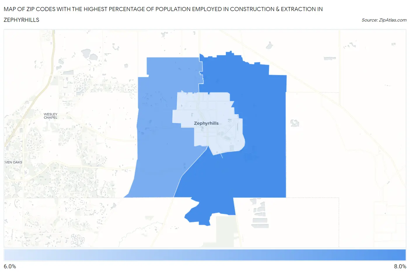 Zip Codes with the Highest Percentage of Population Employed in Construction & Extraction in Zephyrhills Map