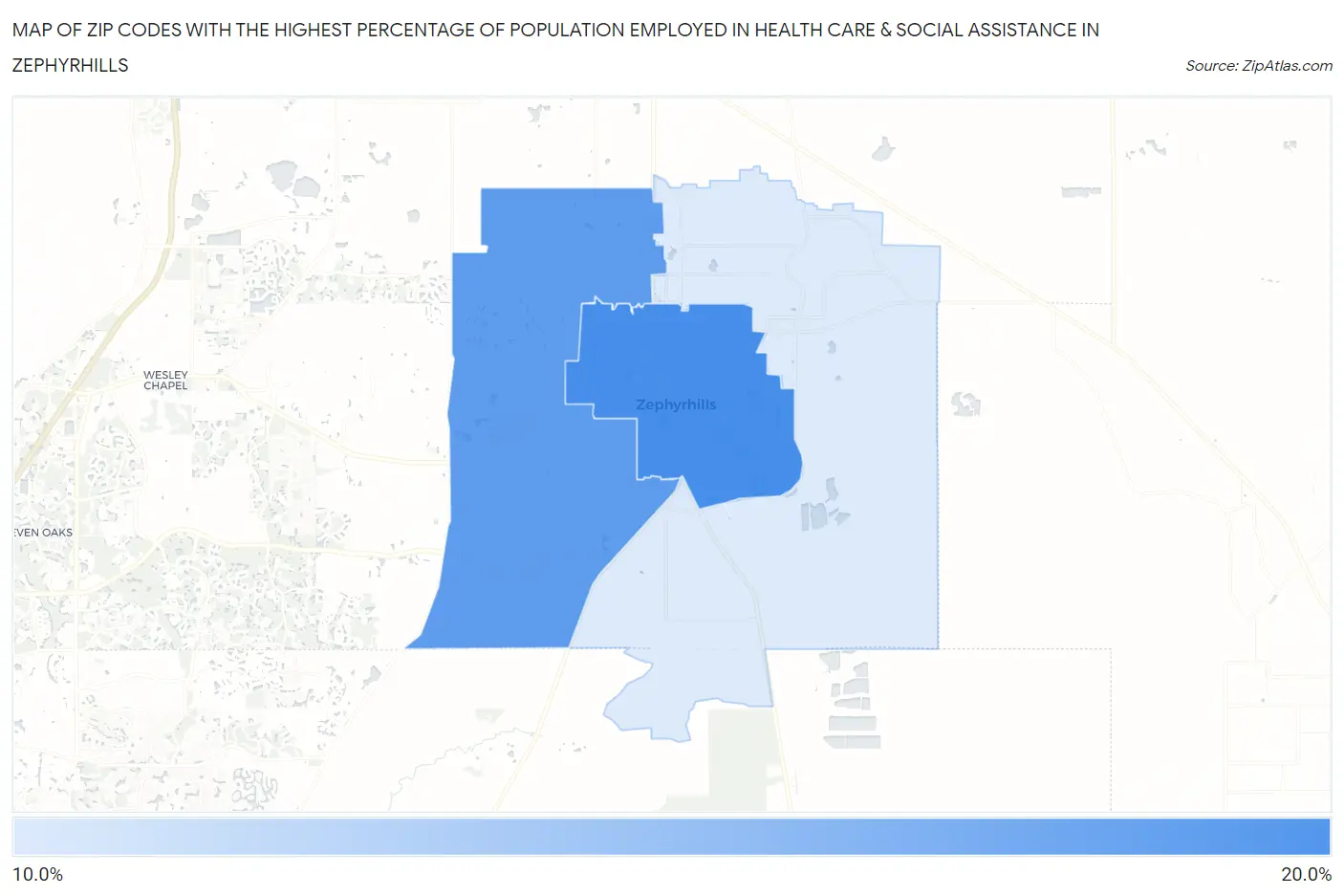 Zip Codes with the Highest Percentage of Population Employed in Health Care & Social Assistance in Zephyrhills Map