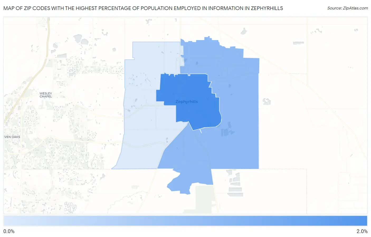 Zip Codes with the Highest Percentage of Population Employed in Information in Zephyrhills Map