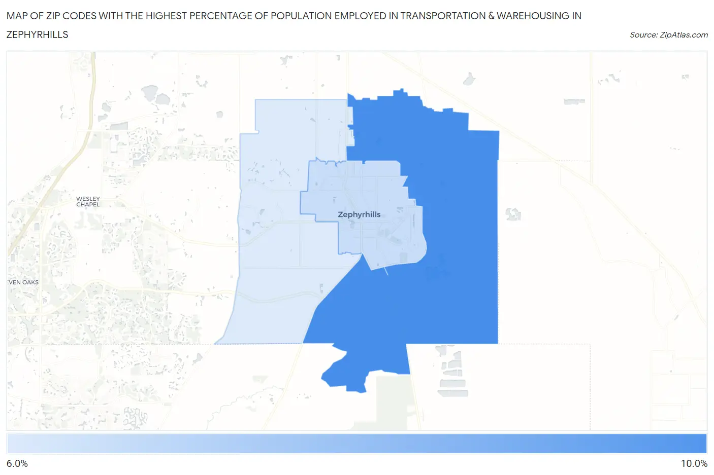 Zip Codes with the Highest Percentage of Population Employed in Transportation & Warehousing in Zephyrhills Map