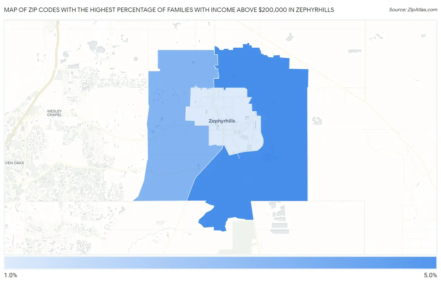 Zip Codes with the Highest Percentage of Families with Income Above $200,000 in Zephyrhills Map