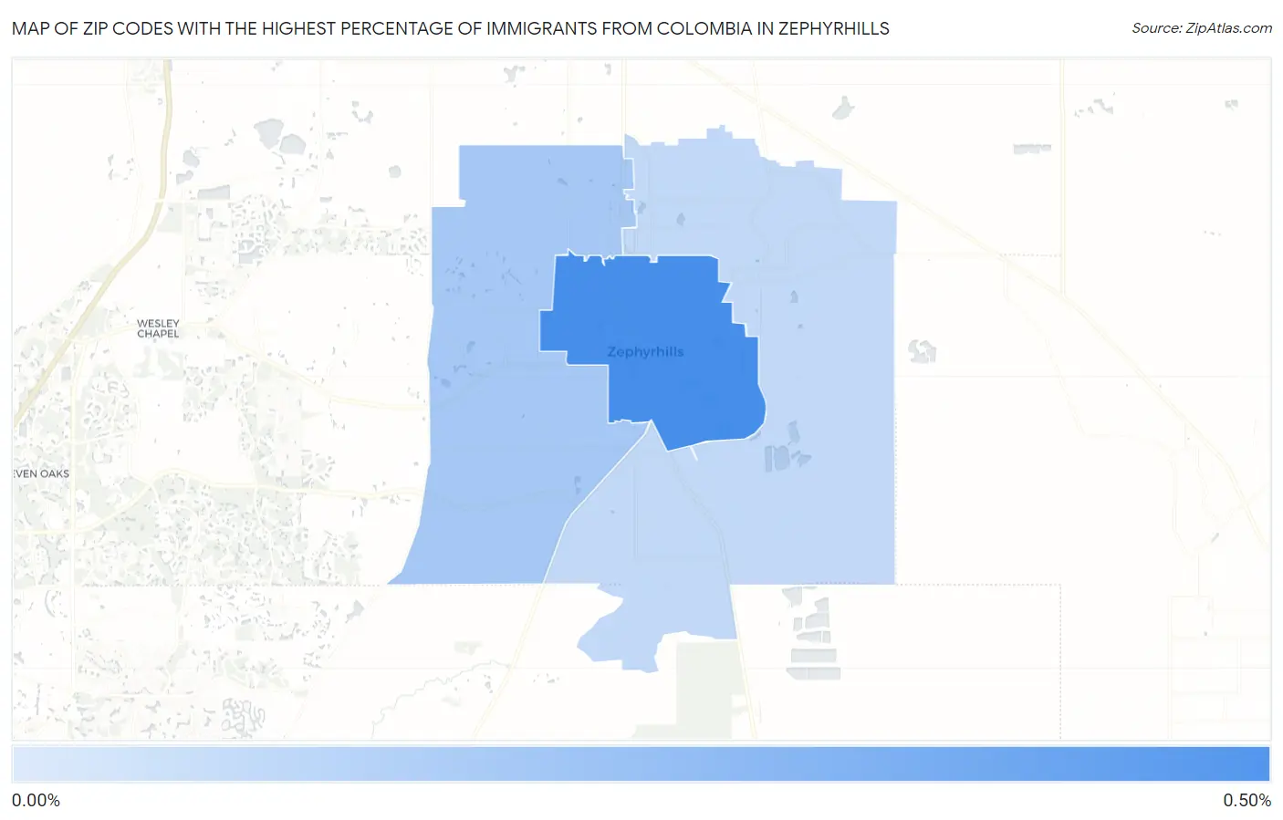 Zip Codes with the Highest Percentage of Immigrants from Colombia in Zephyrhills Map