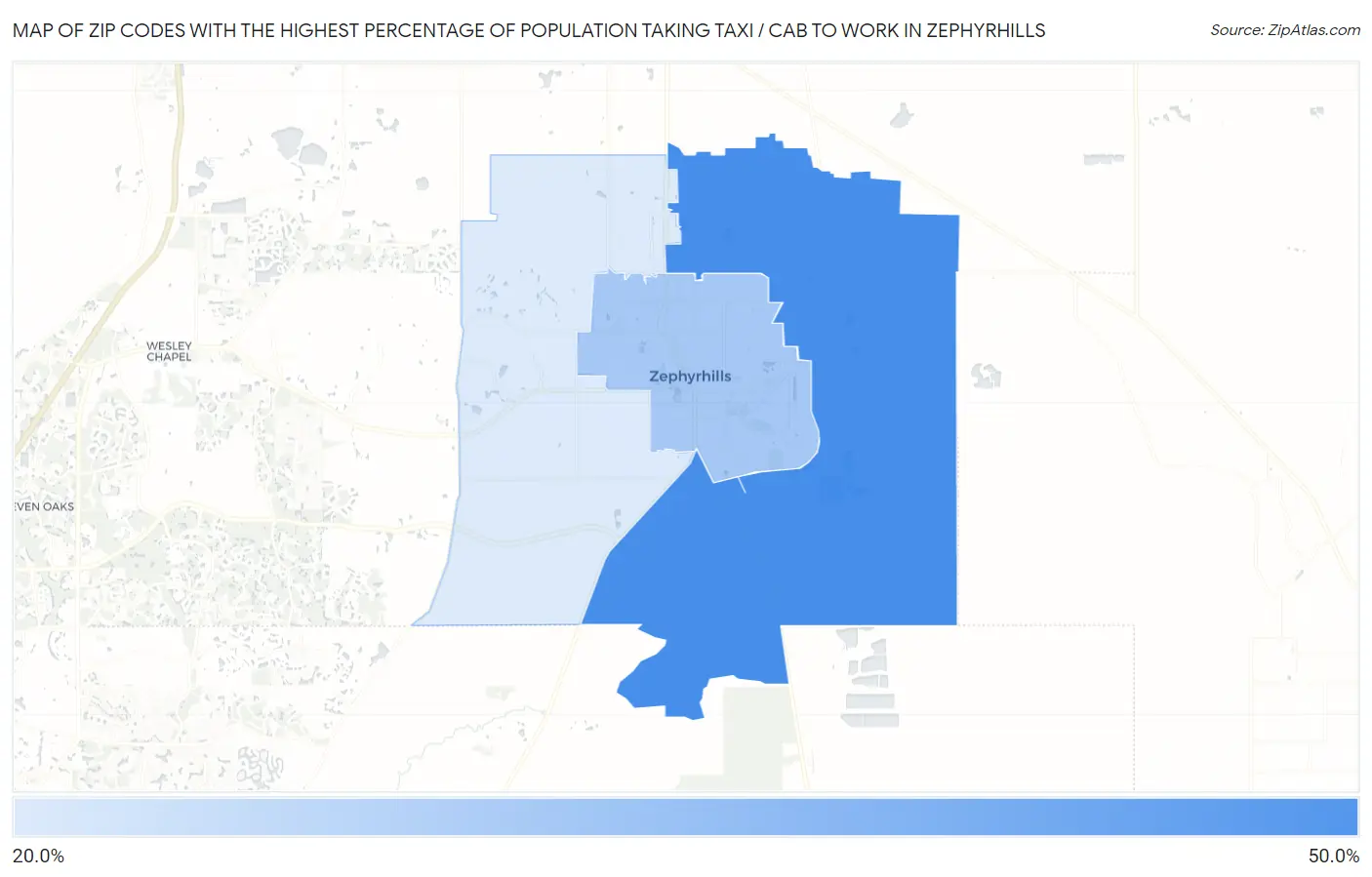 Zip Codes with the Highest Percentage of Population Taking Taxi / Cab to Work in Zephyrhills Map