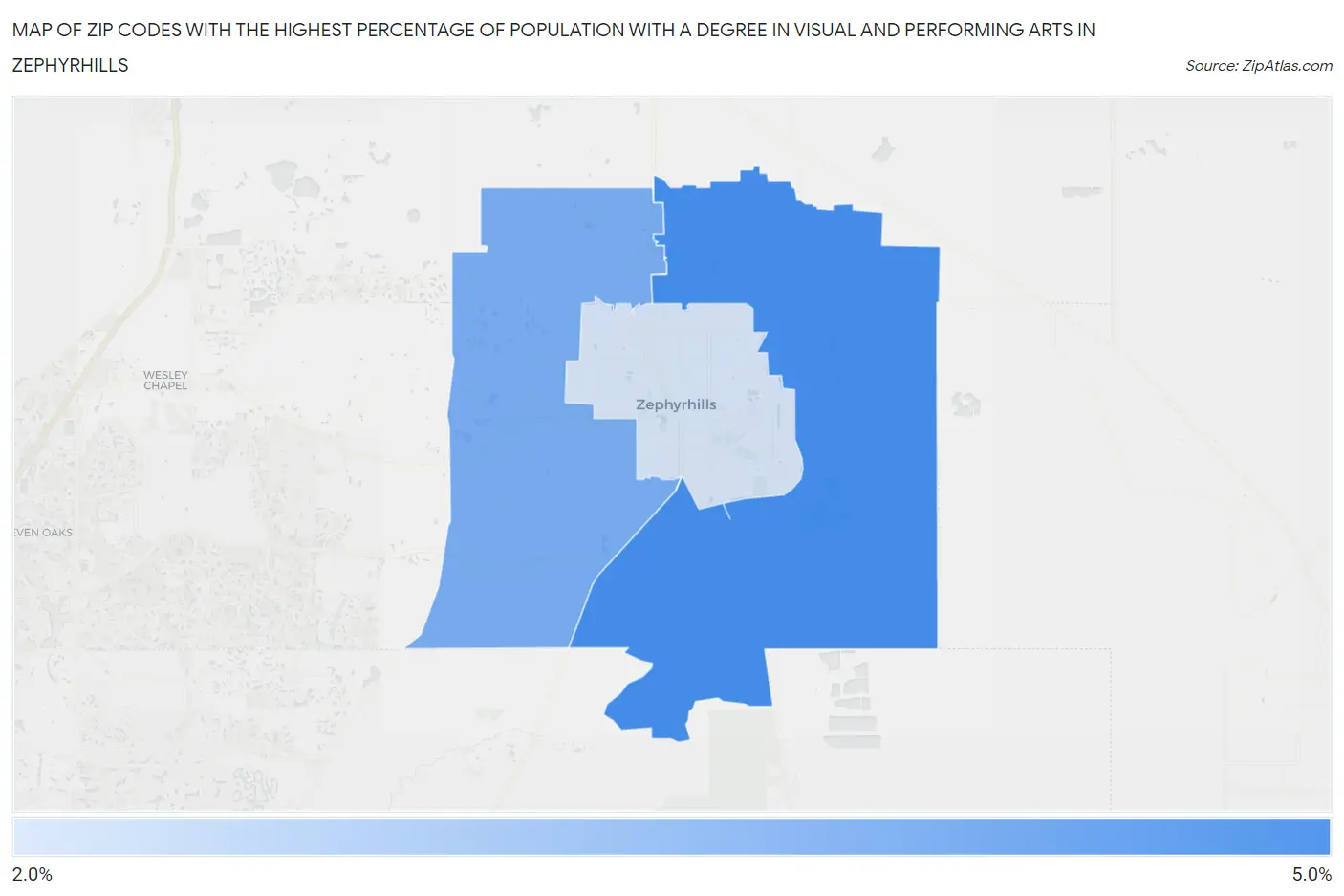 Zip Codes with the Highest Percentage of Population with a Degree in Visual and Performing Arts in Zephyrhills Map