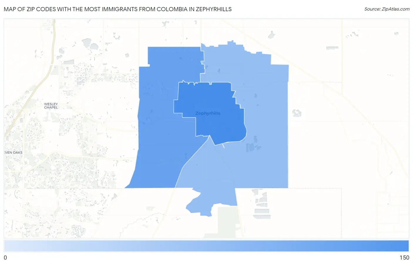 Zip Codes with the Most Immigrants from Colombia in Zephyrhills Map