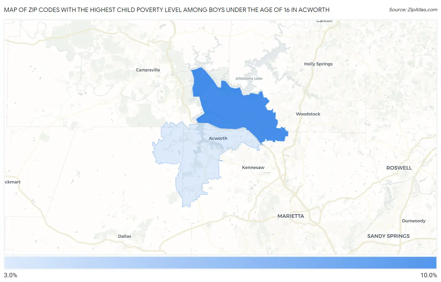 Zip Codes with the Highest Child Poverty Level Among Boys Under the Age of 16 in Acworth Map