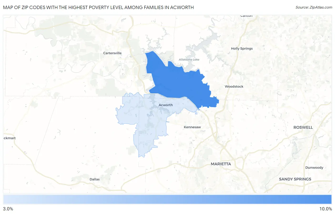Zip Codes with the Highest Poverty Level Among Families in Acworth Map
