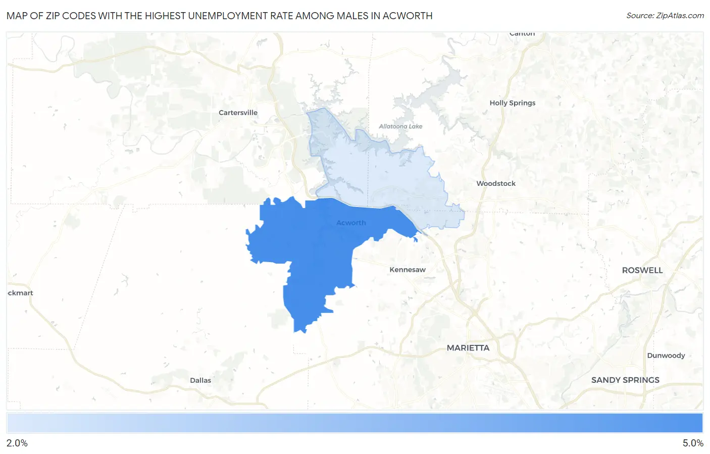 Zip Codes with the Highest Unemployment Rate Among Males in Acworth Map