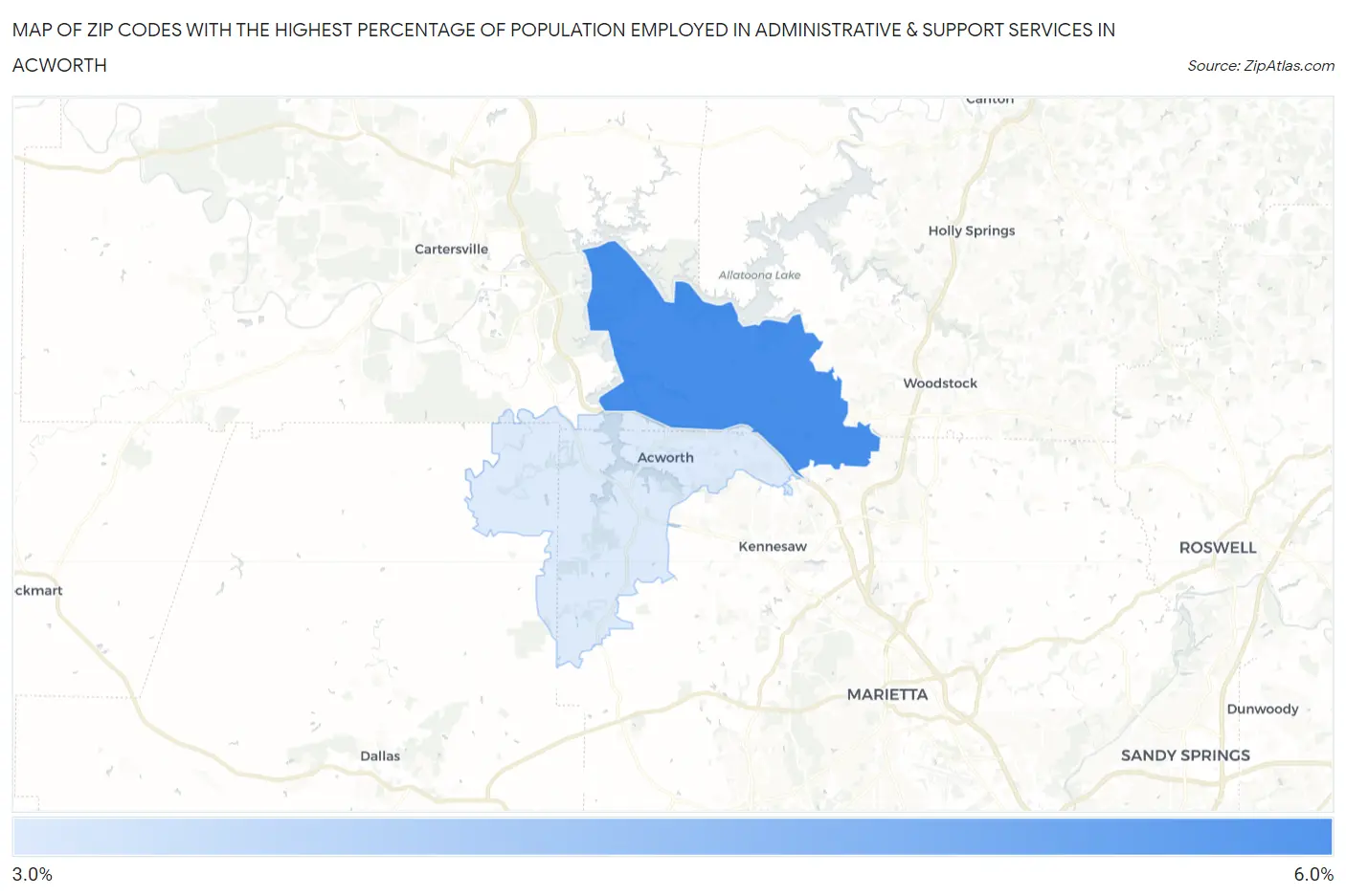 Zip Codes with the Highest Percentage of Population Employed in Administrative & Support Services in Acworth Map