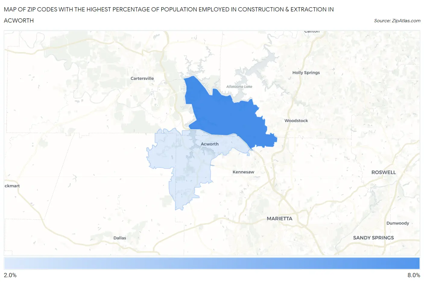 Zip Codes with the Highest Percentage of Population Employed in Construction & Extraction in Acworth Map