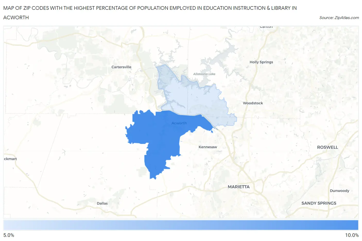 Zip Codes with the Highest Percentage of Population Employed in Education Instruction & Library in Acworth Map