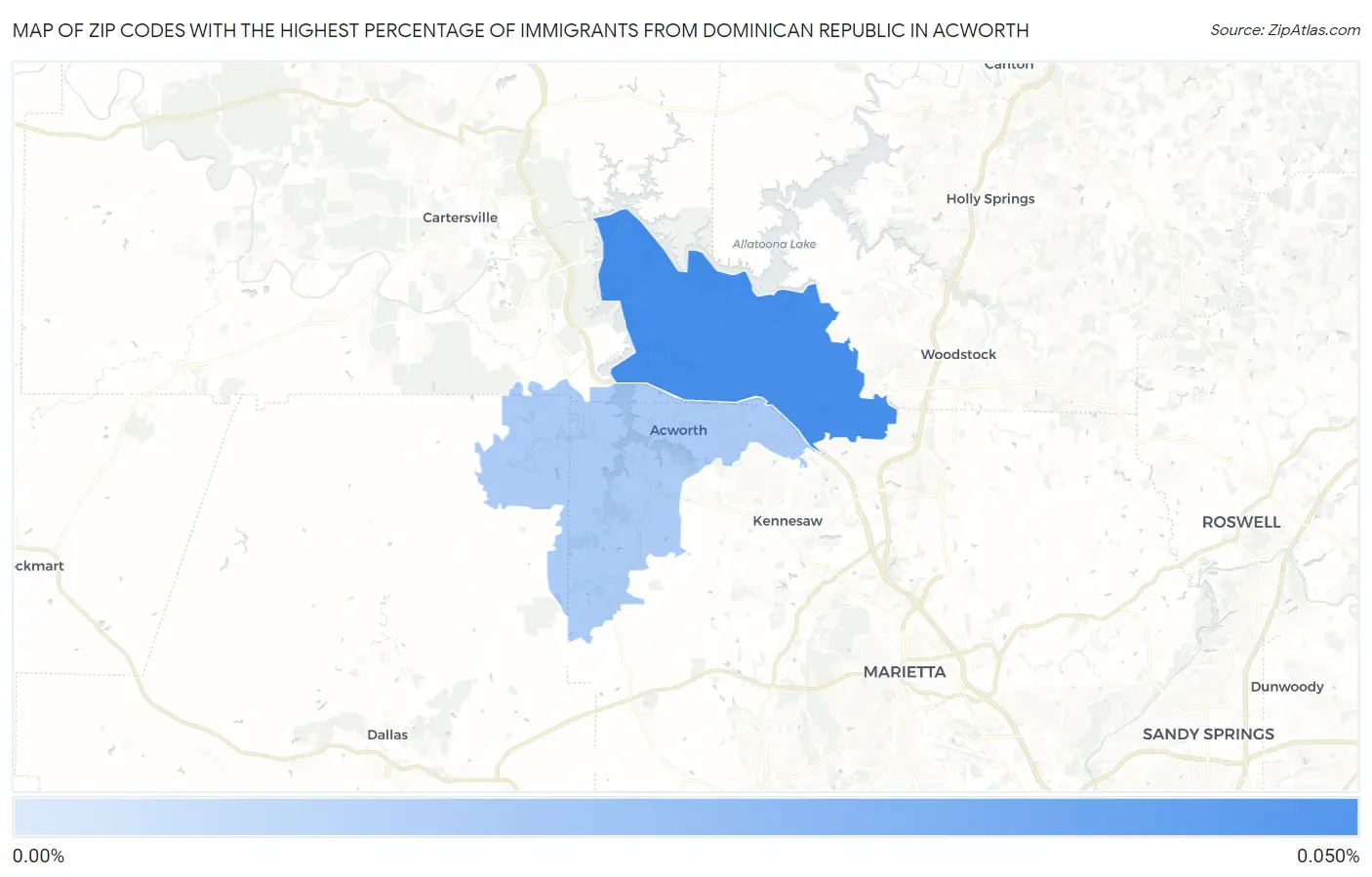 Zip Codes with the Highest Percentage of Immigrants from Dominican Republic in Acworth Map