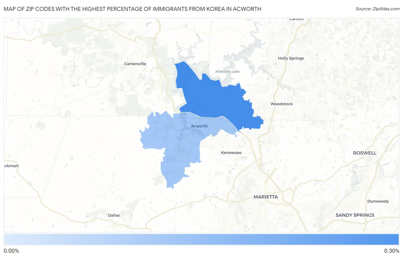 Zip Codes with the Highest Percentage of Immigrants from Korea in Acworth Map
