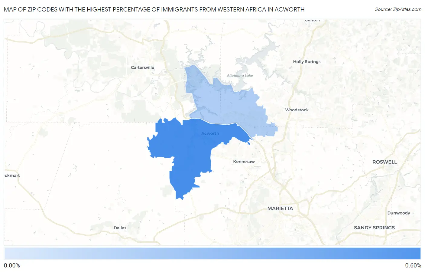 Zip Codes with the Highest Percentage of Immigrants from Western Africa in Acworth Map