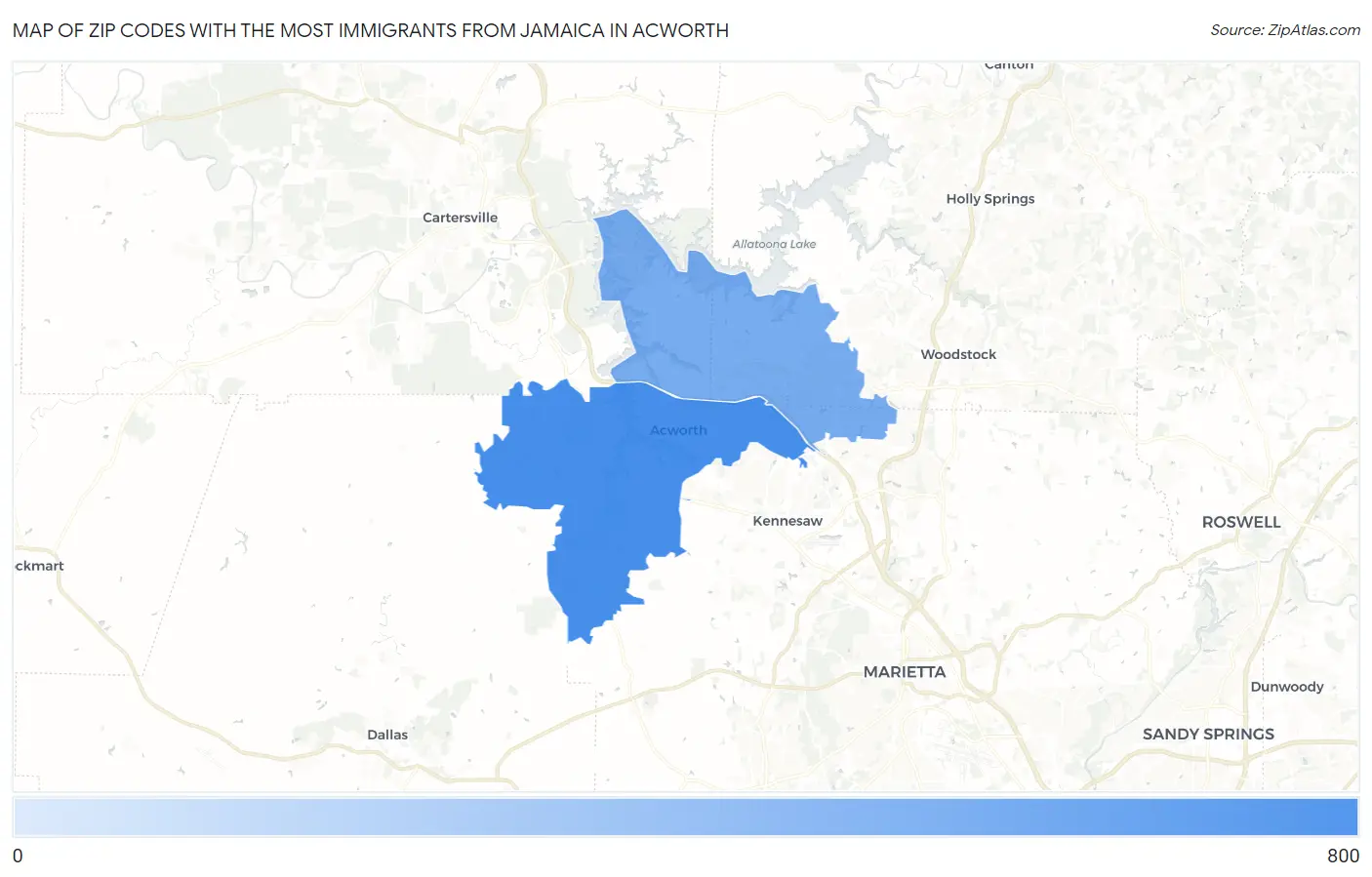 Zip Codes with the Most Immigrants from Jamaica in Acworth Map