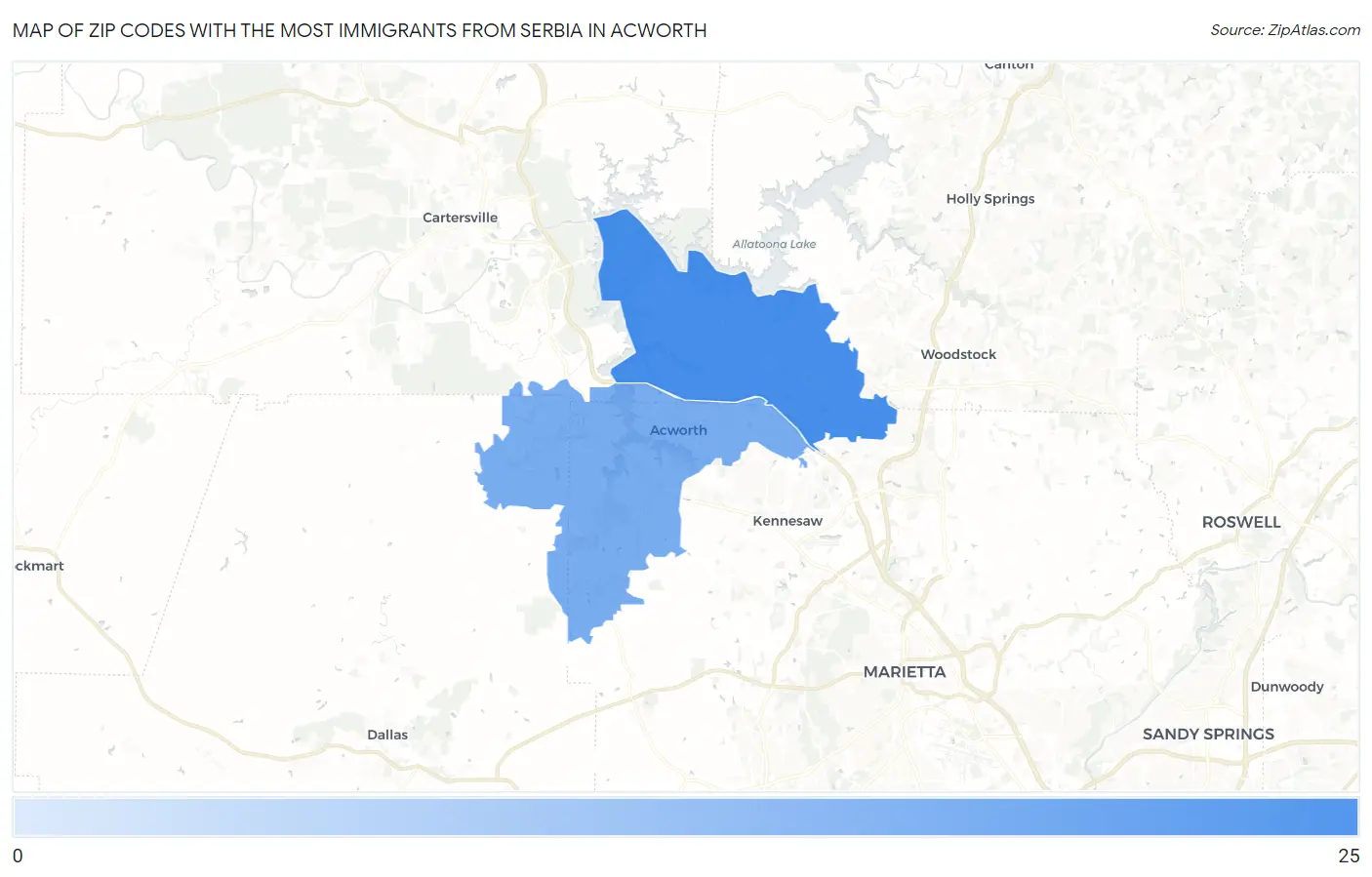 Zip Codes with the Most Immigrants from Serbia in Acworth Map