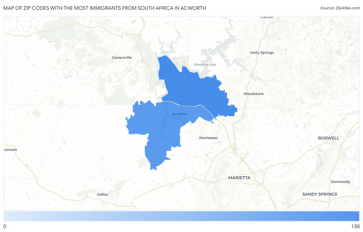 Zip Codes with the Most Immigrants from South Africa in Acworth Map