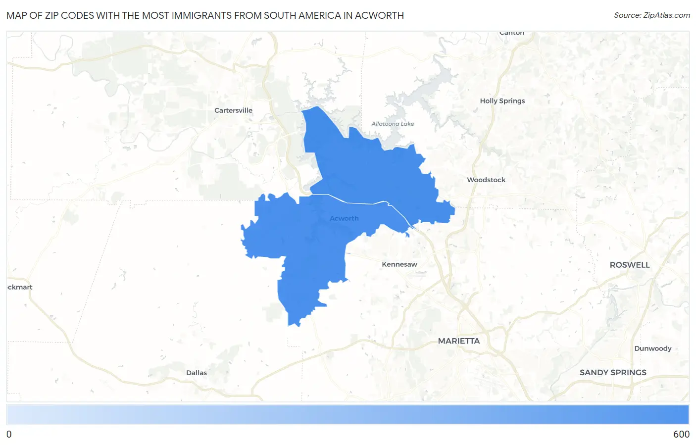 Zip Codes with the Most Immigrants from South America in Acworth Map