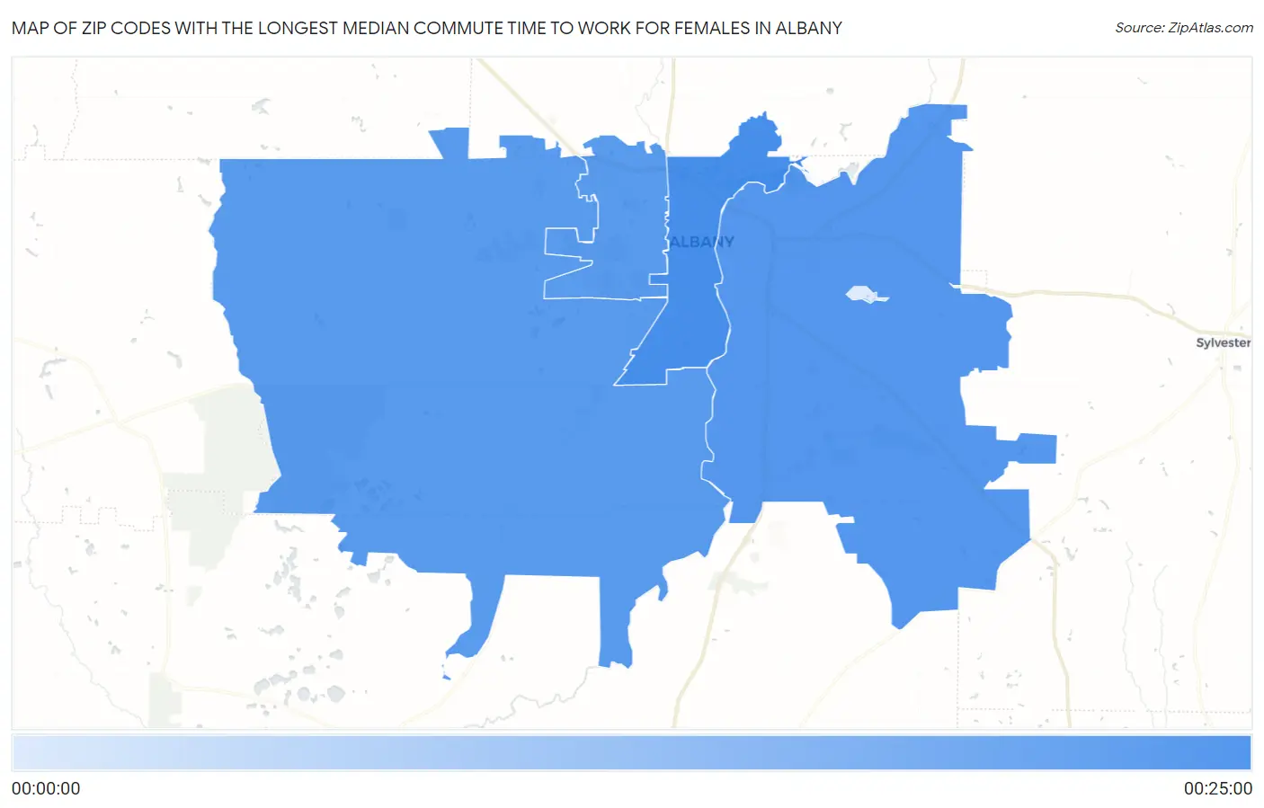 Zip Codes with the Longest Median Commute Time to Work for Females in Albany Map