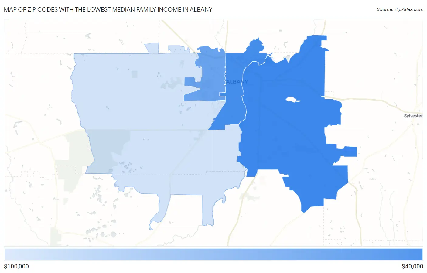 Zip Codes with the Lowest Median Family Income in Albany Map
