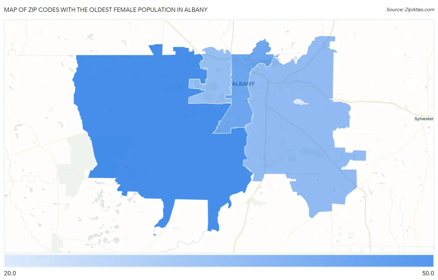 Zip Codes with the Oldest Female Population in Albany Map