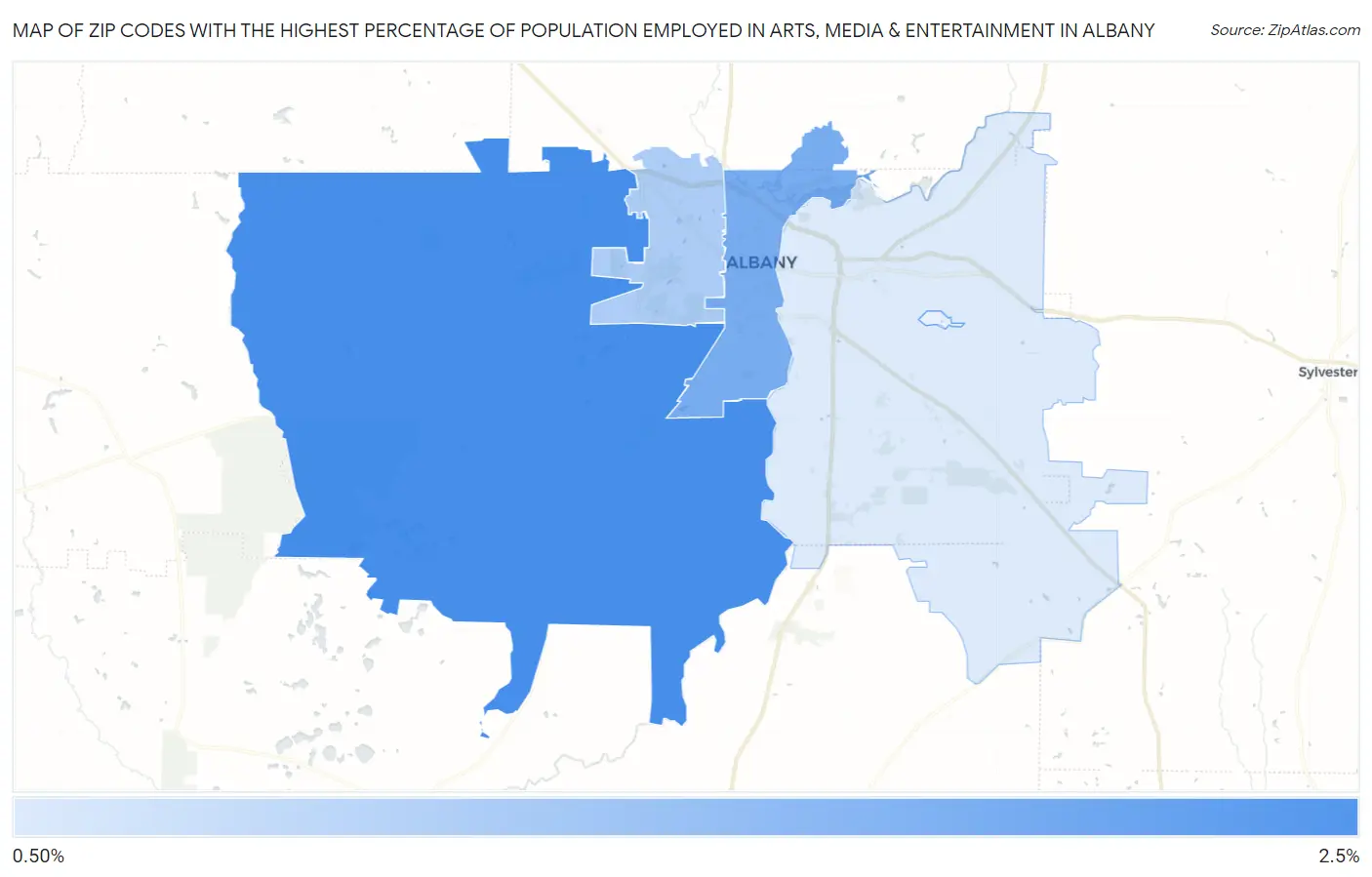 Zip Codes with the Highest Percentage of Population Employed in Arts, Media & Entertainment in Albany Map