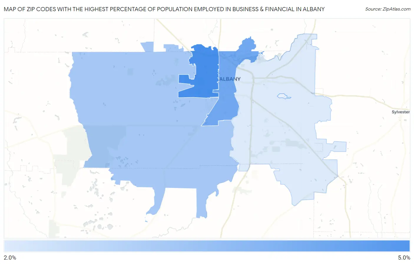 Zip Codes with the Highest Percentage of Population Employed in Business & Financial in Albany Map
