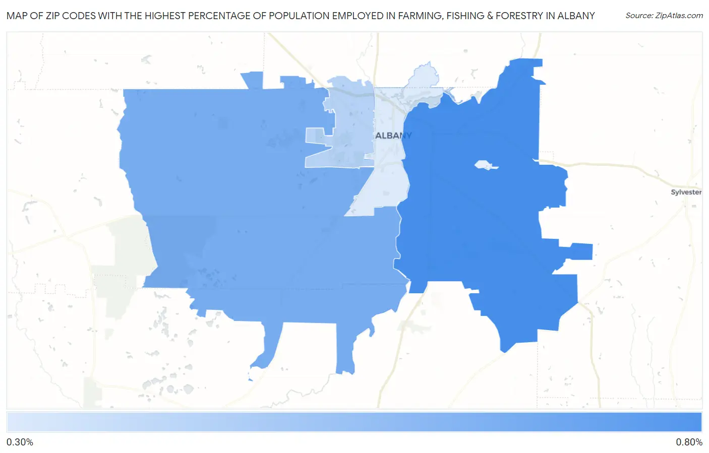 Zip Codes with the Highest Percentage of Population Employed in Farming, Fishing & Forestry in Albany Map