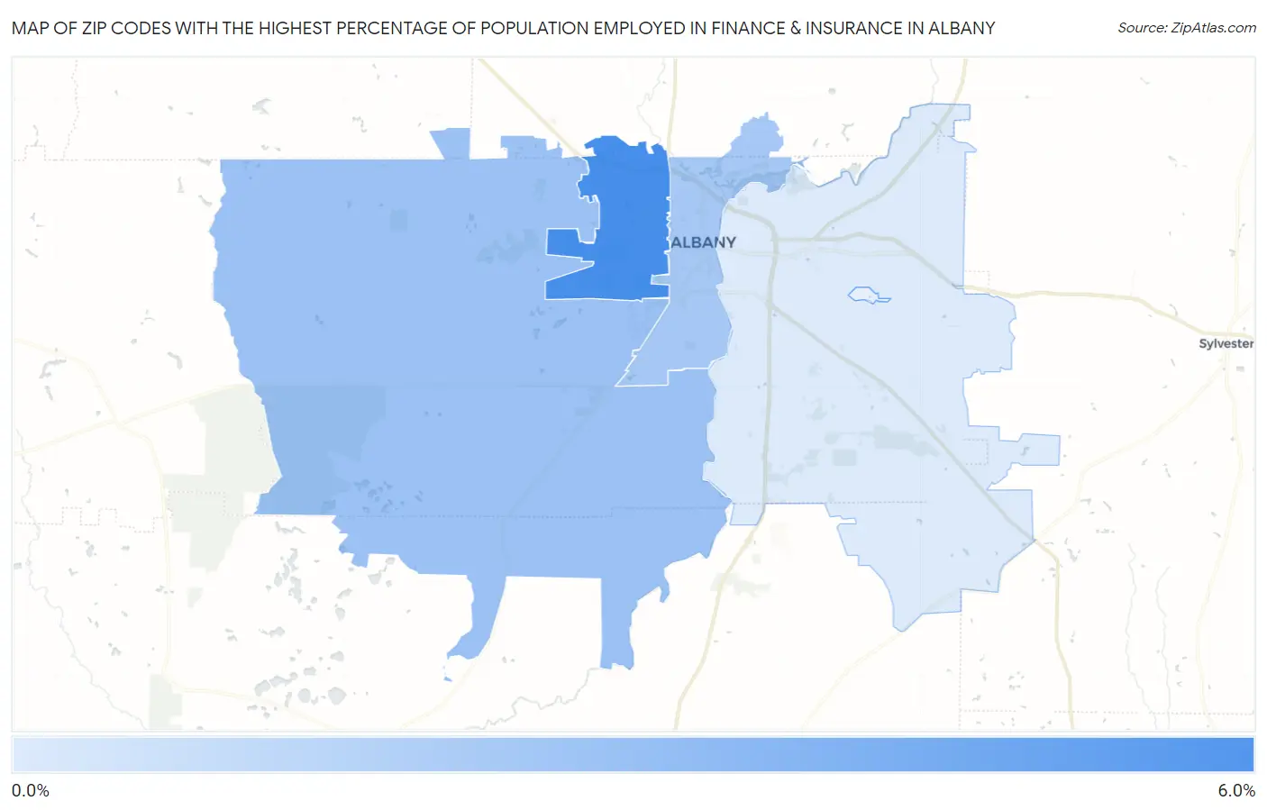 Zip Codes with the Highest Percentage of Population Employed in Finance & Insurance in Albany Map