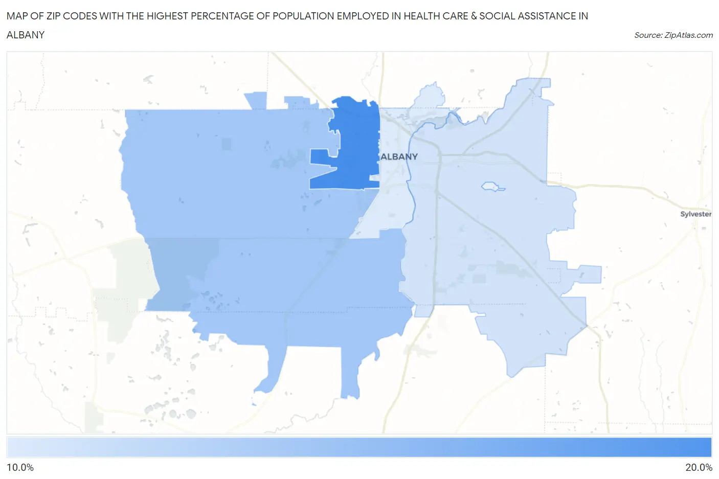Zip Codes with the Highest Percentage of Population Employed in Health Care & Social Assistance in Albany Map