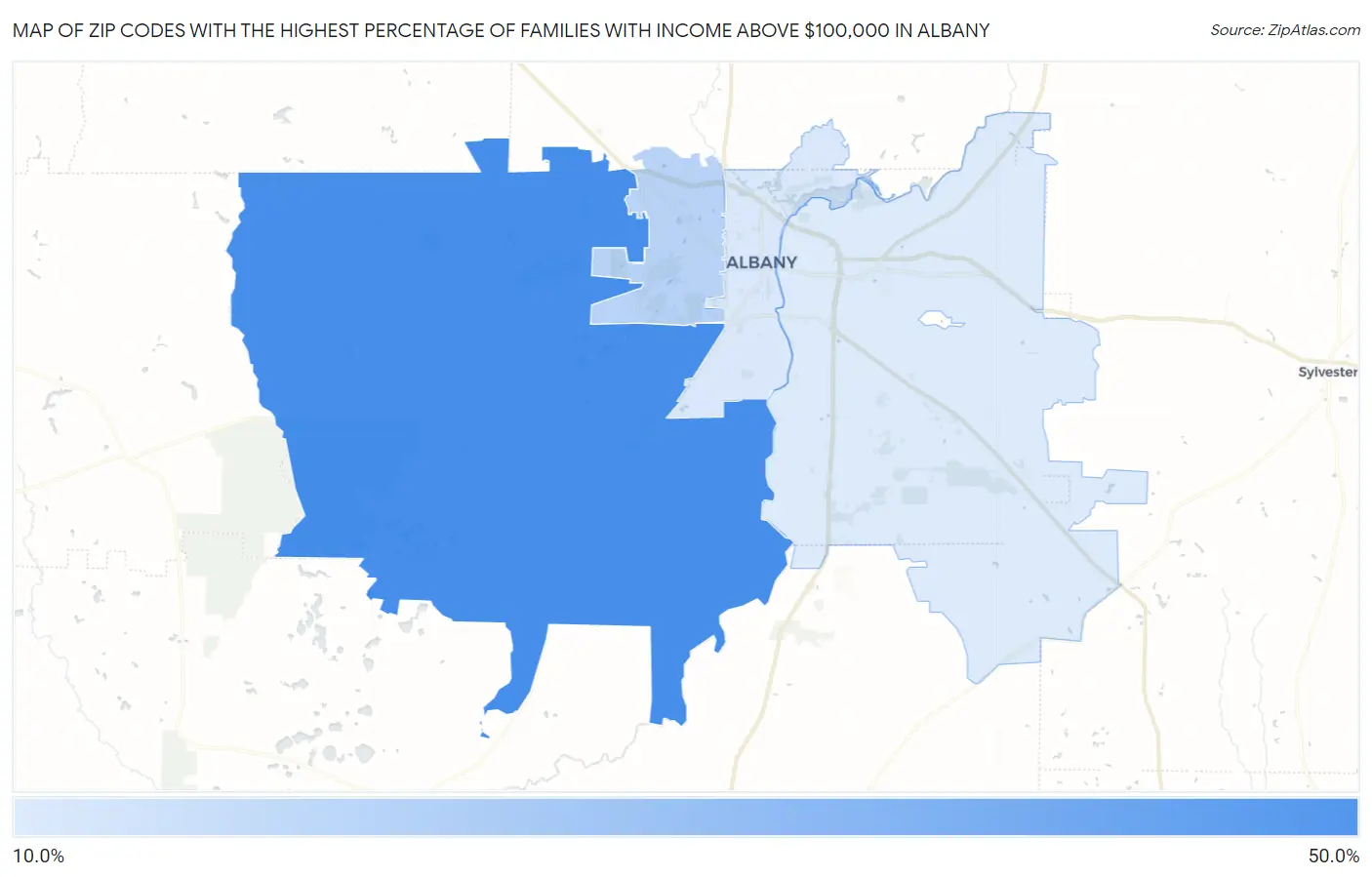 Zip Codes with the Highest Percentage of Families with Income Above $100,000 in Albany Map