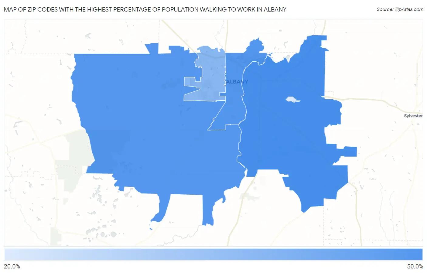 Zip Codes with the Highest Percentage of Population Walking to Work in Albany Map
