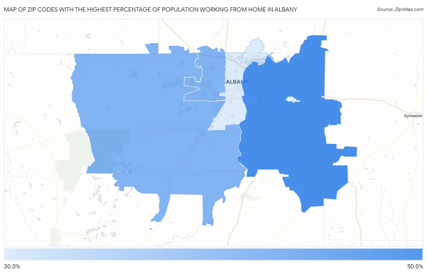 Zip Codes with the Highest Percentage of Population Working from Home in Albany Map