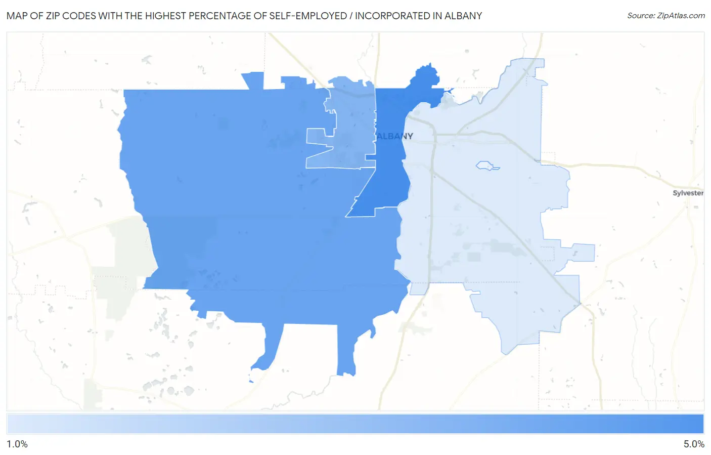 Zip Codes with the Highest Percentage of Self-Employed / Incorporated in Albany Map